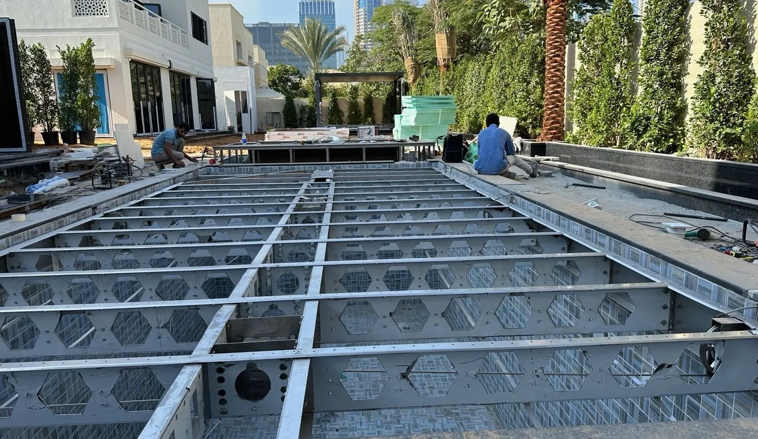Stainless steel platform frame under construction at a Dubai residence